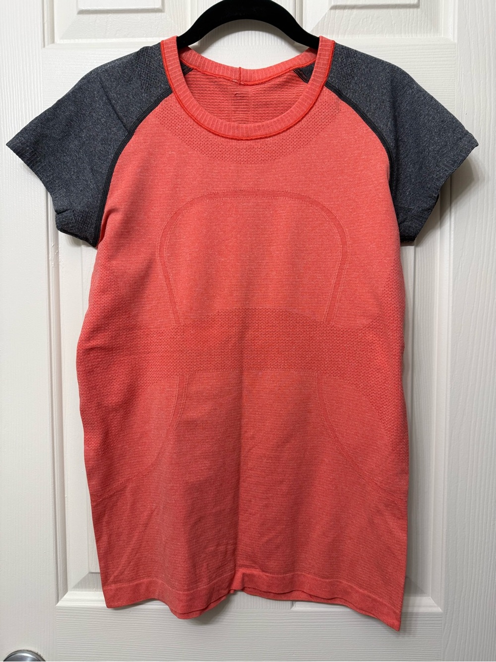 Coral Short-Sleeve Raglan Top with Charcoal Sleeves